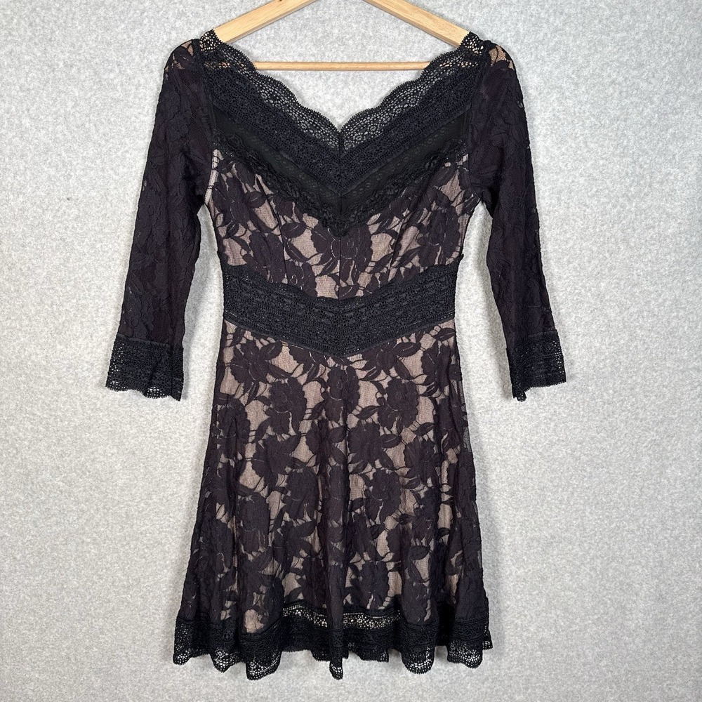 Free People Lacey Affair Black 3/4 Sleeve Mini Dress Size Small Y2K Vintage